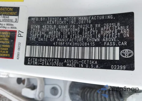 2017 Toyota Camry Se from USA, damaged, VIN 4T1BF1FK3HU308415